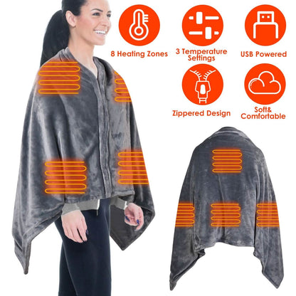 USB Heated Blanket Poncho Shawl Wrap Throw with Zipper Washable - A-1 Thread Vault