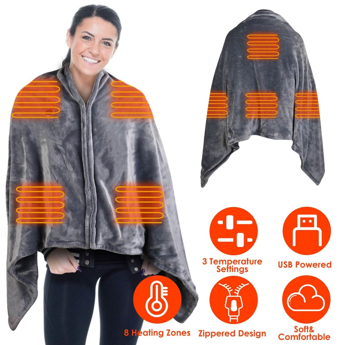 USB Heated Blanket Poncho Shawl Wrap Throw with Zipper Washable - A-1 Thread Vault