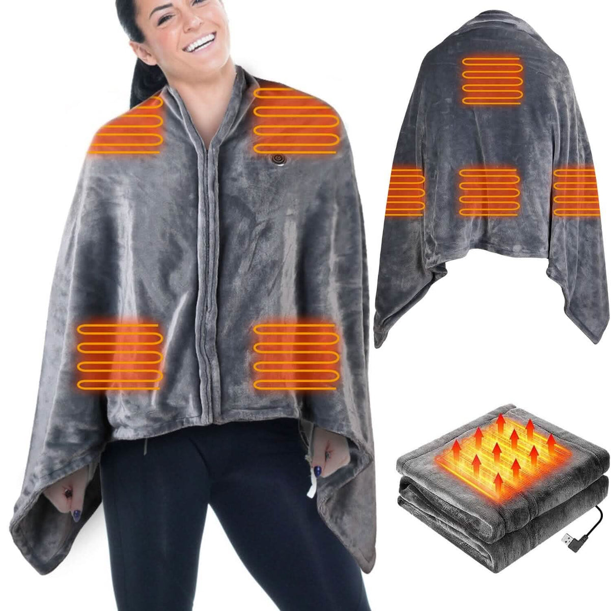 USB Heated Blanket Poncho Shawl Wrap Throw with Zipper Washable - A-1 Thread Vault