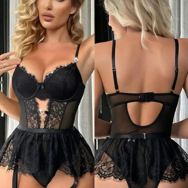 V-neck Sexy Lace Strap Jumpsuit Skinny See-through Women Pajamas Playsuit Erotic Lingerie Catsuit Backless Hollow Out Bodysuits - A-1 Thread Vault