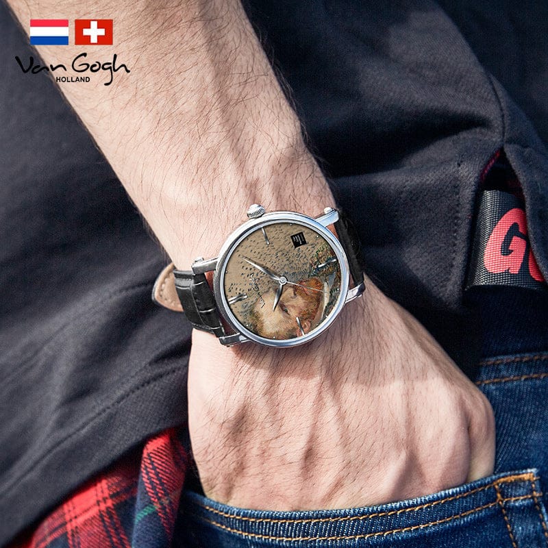Van Gogh 3D Oil Painting Surface Steel Strap Self-portrait Quartz Wrist Men's Watch - A-1 Thread Vault