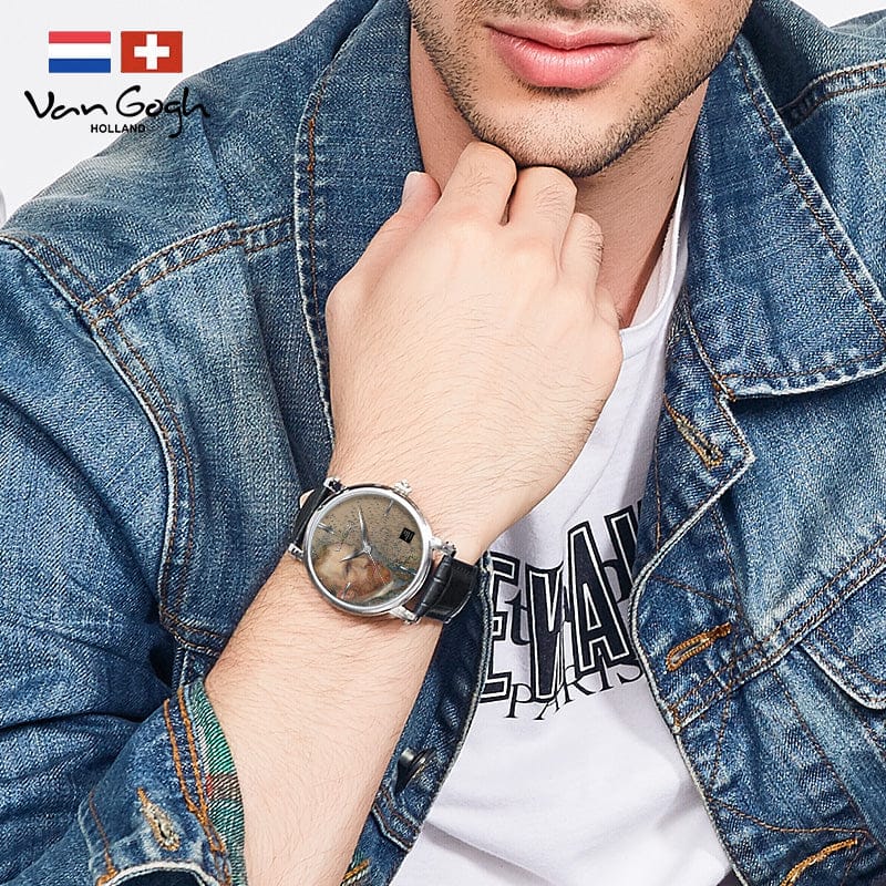 Van Gogh 3D Oil Painting Surface Steel Strap Self-portrait Quartz Wrist Men's Watch - A-1 Thread Vault