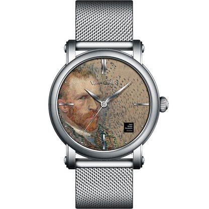 Van Gogh 3D Oil Painting Surface Steel Strap Self-portrait Quartz Wrist Men's Watch - A-1 Thread Vault