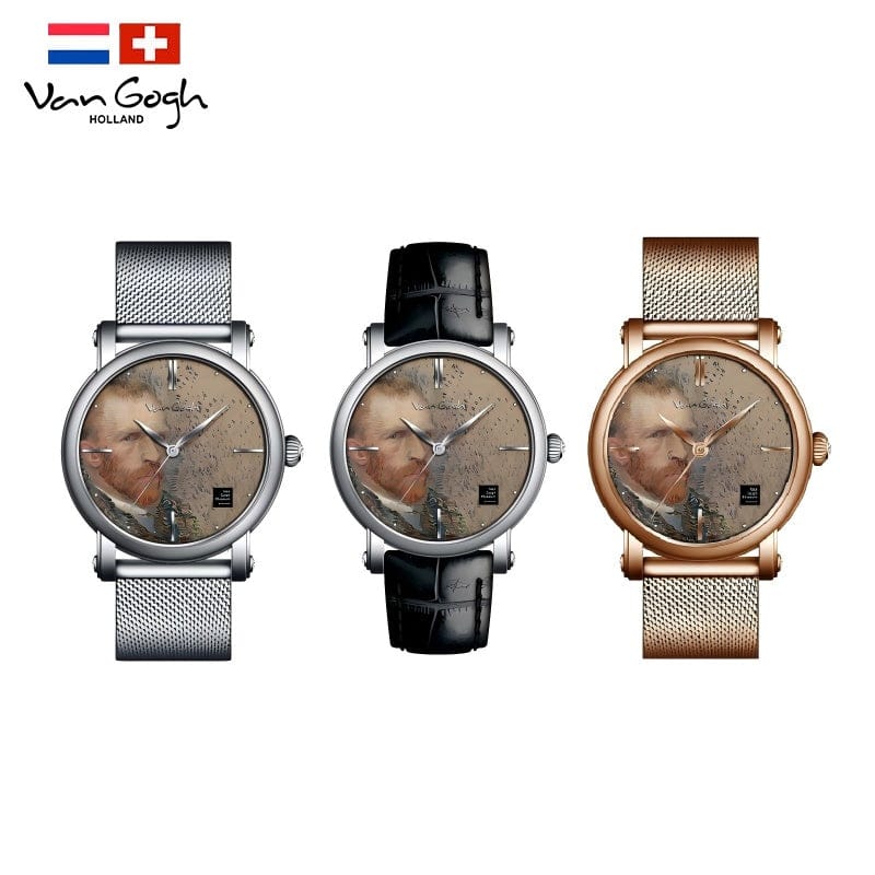 Three round analog wristwatches featuring a portrait of Vincent van Gogh on the face are displayed in a row with silver, black leather, and rose gold band options.