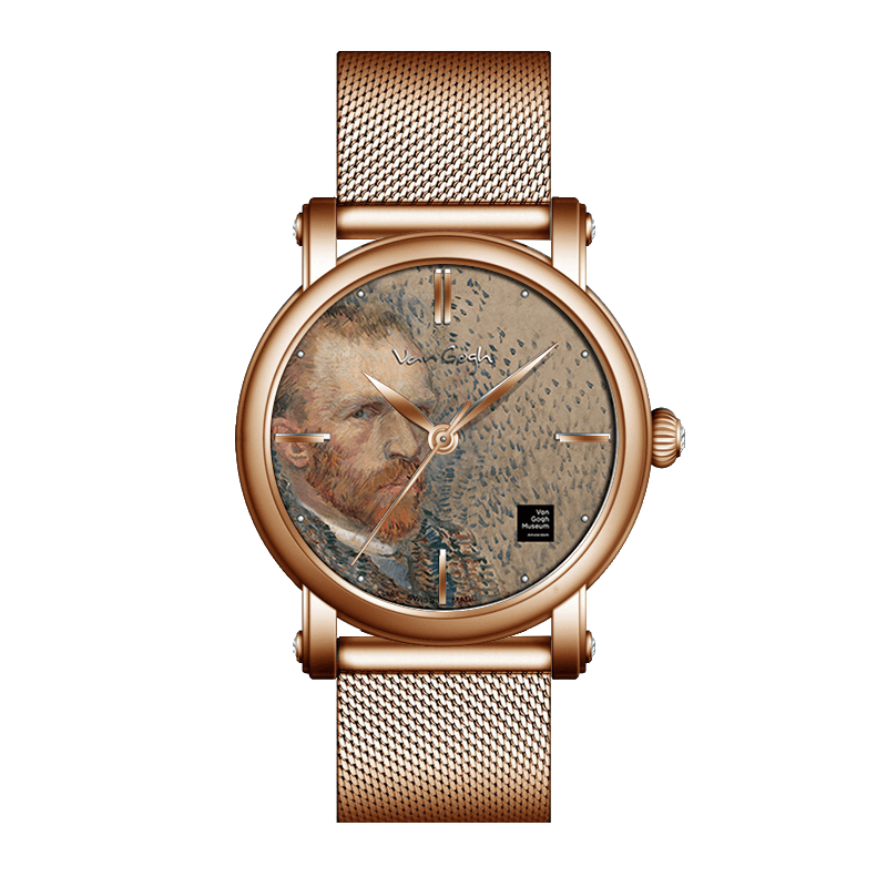 A round rose gold-toned wristwatch featuring a portrait of Vincent van Gogh on the dial with a matching rose gold mesh metal strap.