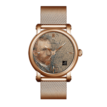 A round rose gold-toned wristwatch featuring a portrait of Vincent van Gogh on the dial with a matching rose gold mesh metal strap.