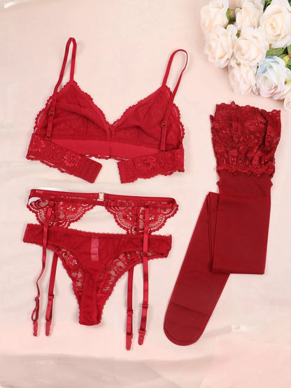 Varsbaby Lace Bra Sets for Women Non-padded Bra Panty Garter Stockings Summer Underwear Lingerie Sexy - A-1 Thread Vault