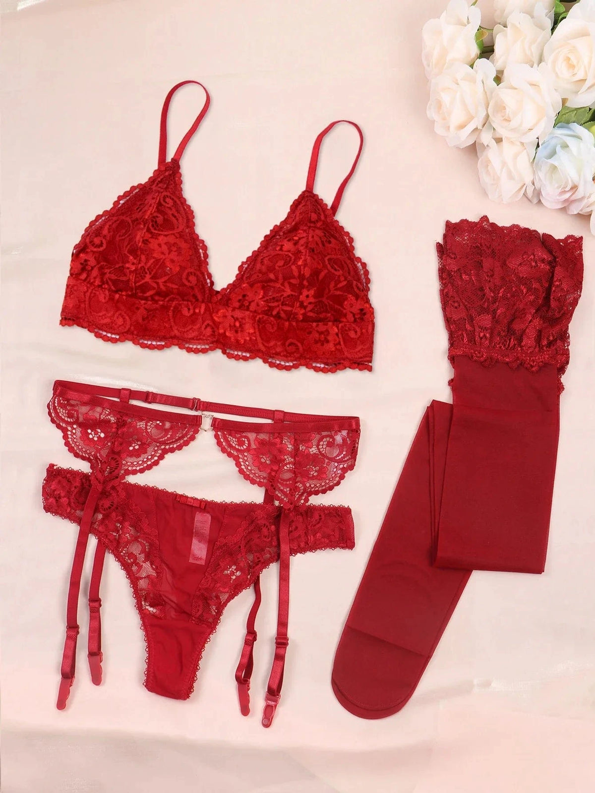 Varsbaby Lace Bra Sets for Women Non-padded Bra Panty Garter Stockings Summer Underwear Lingerie Sexy - A-1 Thread Vault