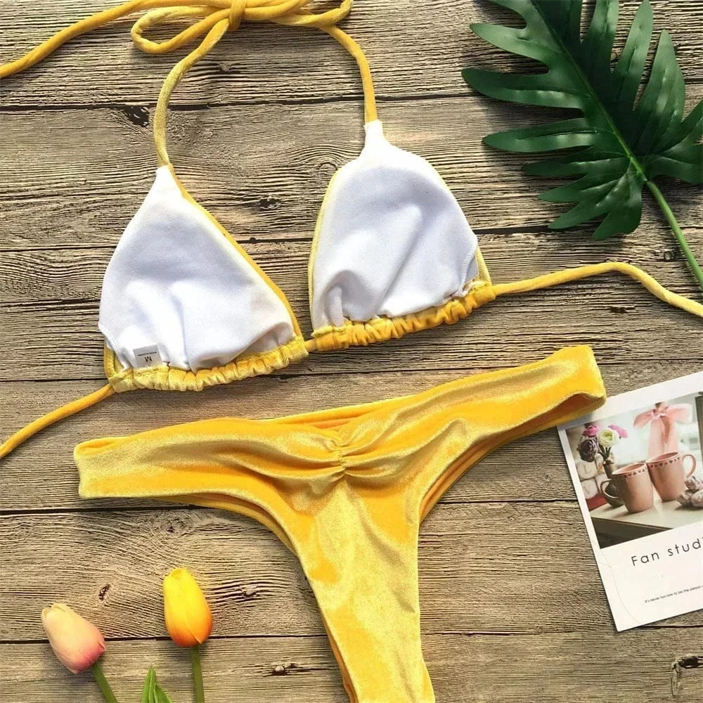 Velvet Bikini Thong Halter Strappy Swimsuit Classic Swimwear Two Piece Women 2026 Beach Outfit Triangle Bikinis Set Bathing Suit - A-1 Thread Vault