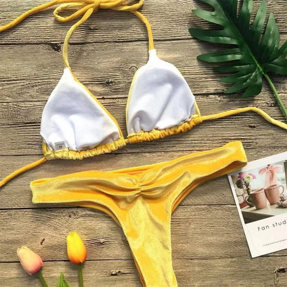 Velvet Bikini Thong Halter Strappy Swimsuit Classic Swimwear Two Piece Women 2026 Beach Outfit Triangle Bikinis Set Bathing Suit - A-1 Thread Vault