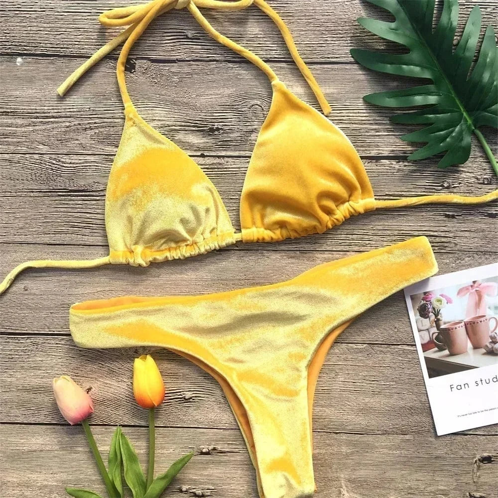 Velvet Bikini Thong Halter Strappy Swimsuit Classic Swimwear Two Piece Women 2026 Beach Outfit Triangle Bikinis Set Bathing Suit - A-1 Thread Vault