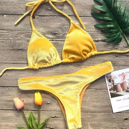 Velvet Bikini Thong Halter Strappy Swimsuit Classic Swimwear Two Piece Women 2026 Beach Outfit Triangle Bikinis Set Bathing Suit - A-1 Thread Vault
