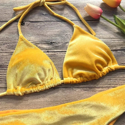 Velvet Bikini Thong Halter Strappy Swimsuit Classic Swimwear Two Piece Women 2026 Beach Outfit Triangle Bikinis Set Bathing Suit - A-1 Thread Vault