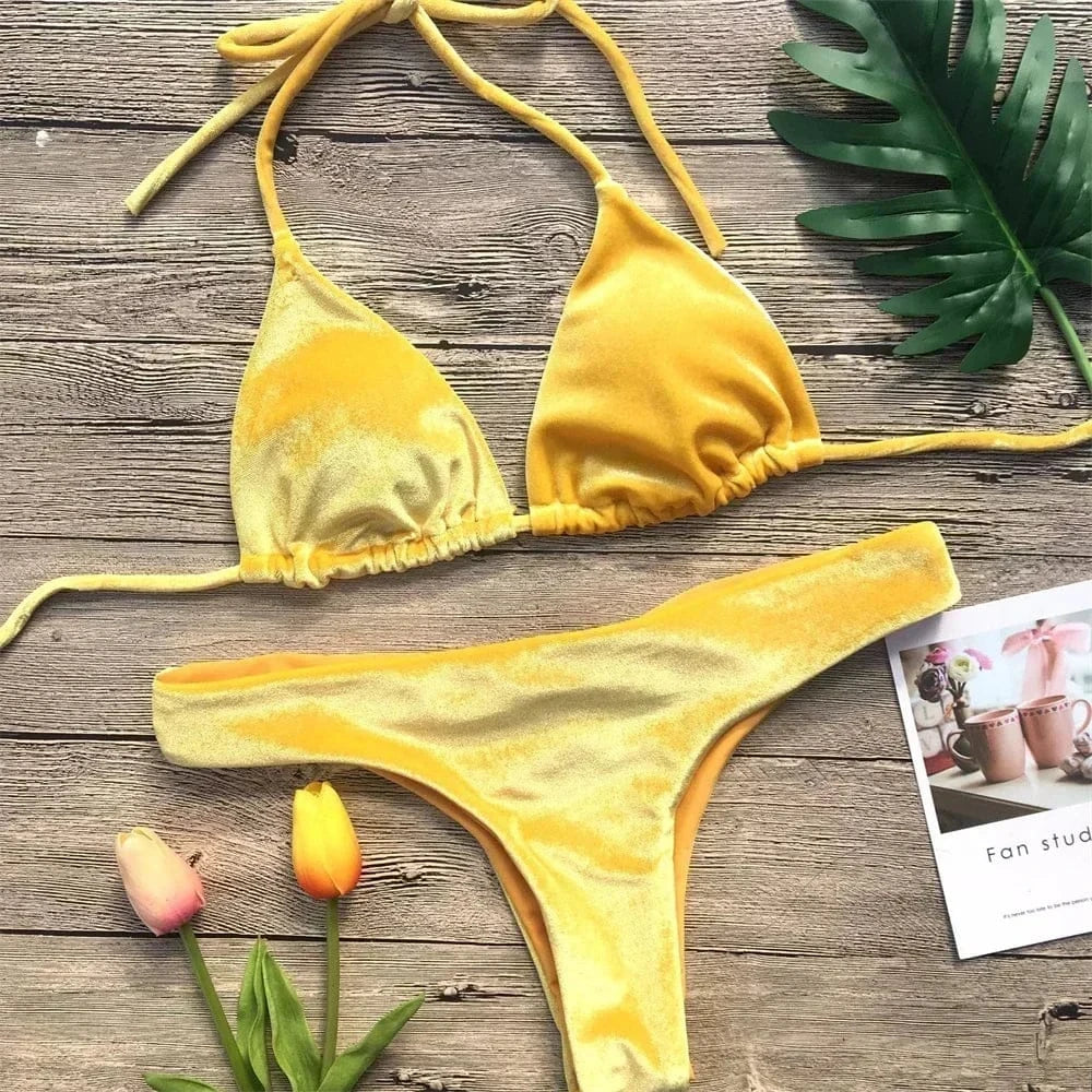 Velvet Bikini Thong Halter Strappy Swimsuit Classic Swimwear Two Piece Women 2026 Beach Outfit Triangle Bikinis Set Bathing Suit - A-1 Thread Vault