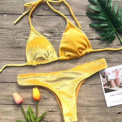 Velvet Bikini Thong Halter Strappy Swimsuit Classic Swimwear Two Piece Women 2026 Beach Outfit Triangle Bikinis Set Bathing Suit - A-1 Thread Vault