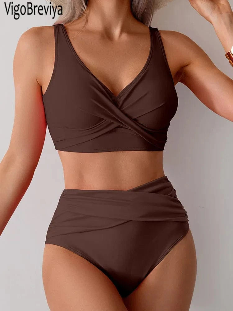 VigoBreviya 2025 Sexy Solid Strapped Swimwear Women Cross Push Up Bikini Set Brazilian Lady Swimsuit High Waist Beach Bath Suit - A-1 Thread Vault