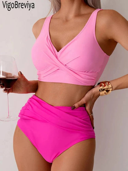 VigoBreviya 2025 Sexy Solid Strapped Swimwear Women Cross Push Up Bikini Set Brazilian Lady Swimsuit High Waist Beach Bath Suit - A-1 Thread Vault
