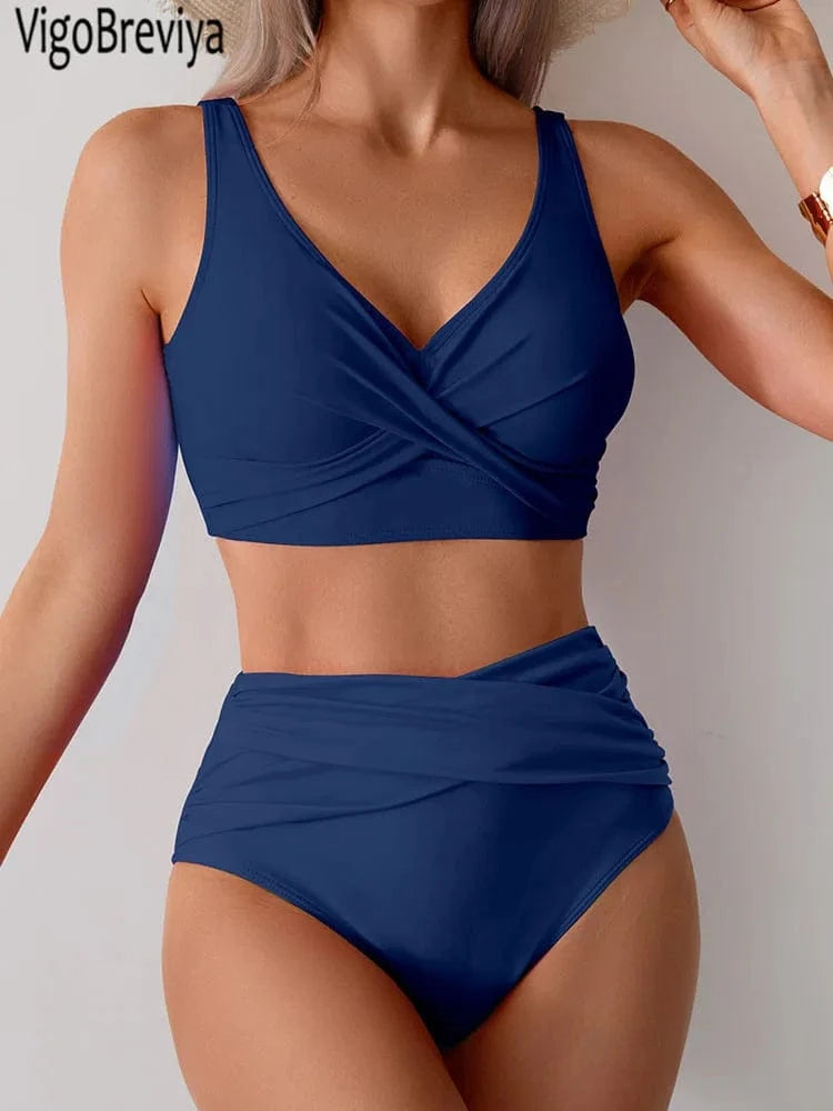 VigoBreviya 2025 Sexy Solid Strapped Swimwear Women Cross Push Up Bikini Set Brazilian Lady Swimsuit High Waist Beach Bath Suit - A-1 Thread Vault