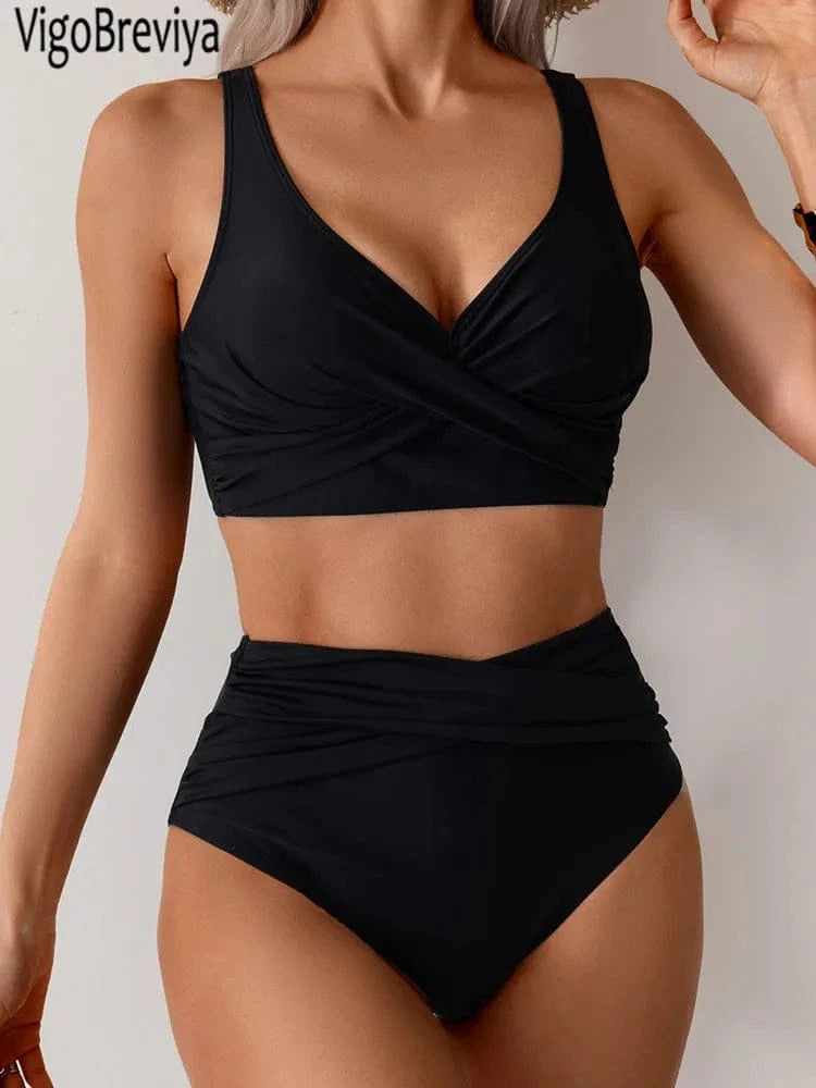 VigoBreviya 2025 Sexy Solid Strapped Swimwear Women Cross Push Up Bikini Set Brazilian Lady Swimsuit High Waist Beach Bath Suit - A-1 Thread Vault