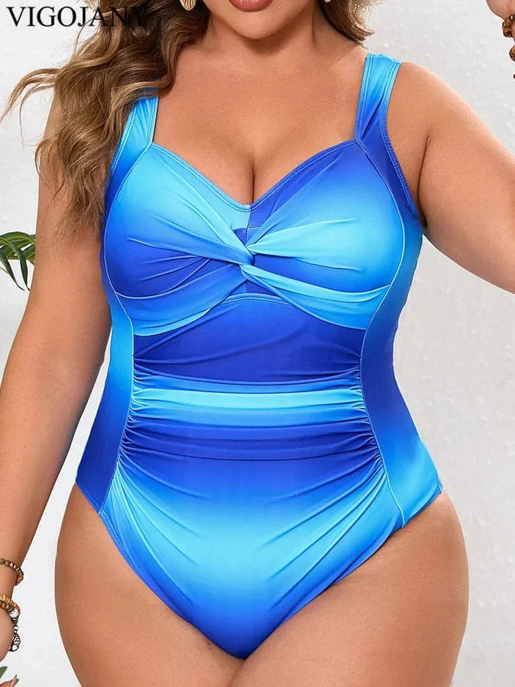 VigoJany 2026 Blue Gradient Plus Size Swimwear Women Strapped Push Up Large One Piece Swimsuit Summer Beach Chubby Bathing Suit - A-1 Thread Vault
