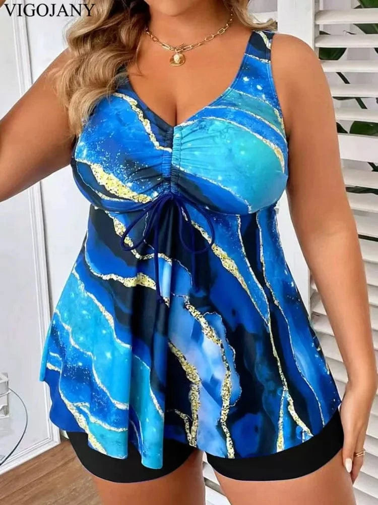 VigoJany 2026 Sexy Strapped 2 Piece Plus Size Tankini Set Women Print High Waist Curvy Swimsuit Brazilian Lady Big Bathing Suit - A-1 Thread Vault