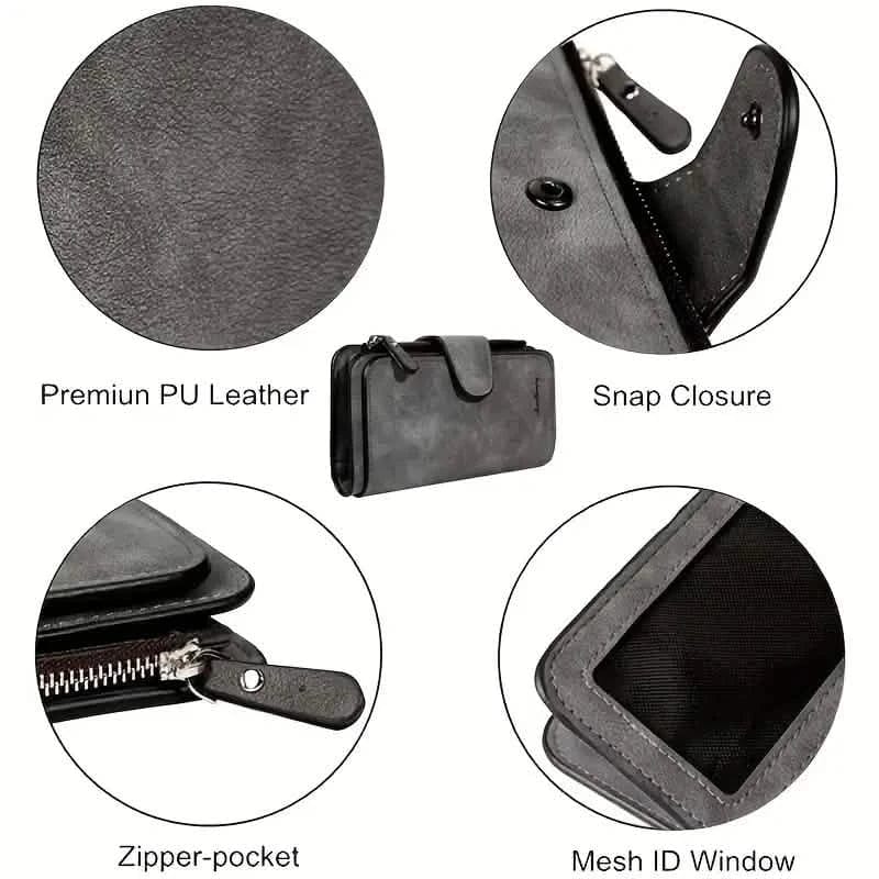 Vintage Faux Leather Long Wallet – Trifold Credit Card Holder with Snap & Zipper - A-1 Thread Vault