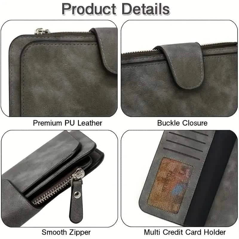 Vintage Faux Leather Long Wallet – Trifold Credit Card Holder with Snap & Zipper - A-1 Thread Vault