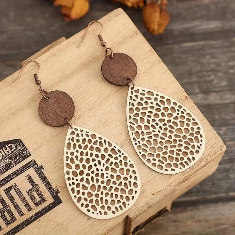 Vintage Hollow Leaf Shape PU Leather Earrings - A-1 Thread Vault