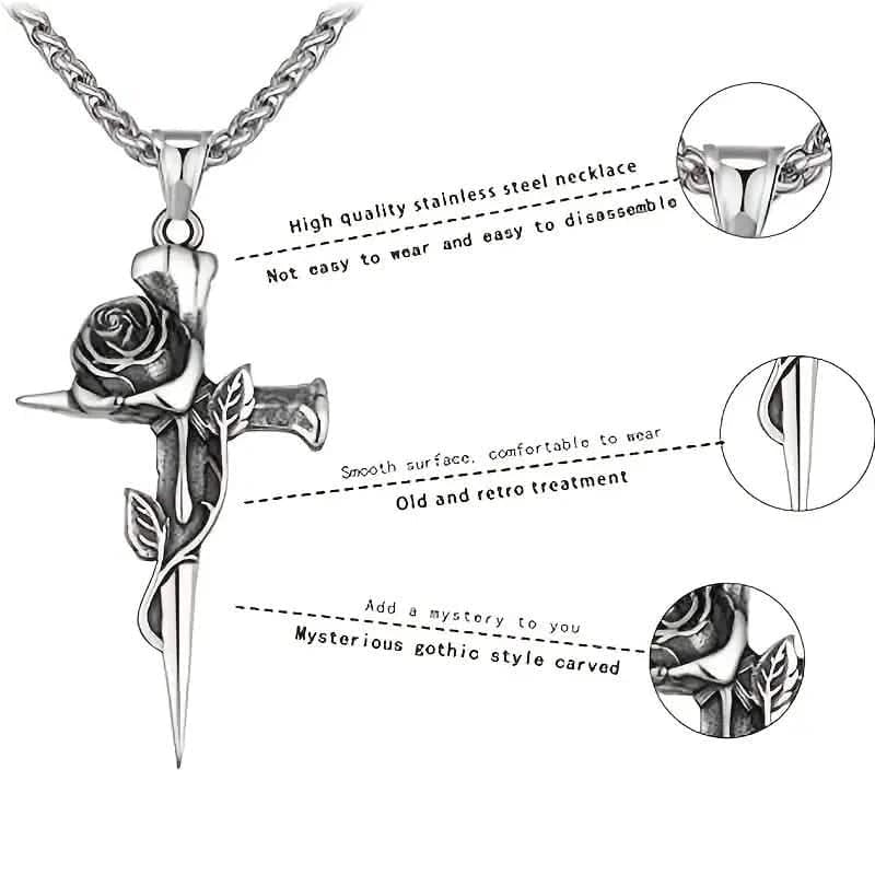 Vintage-Inspired Men's Titanium Steel Pendant Necklace - Unique Keel Chain Design with Cross and Rose Accents - A-1 Thread Vault
