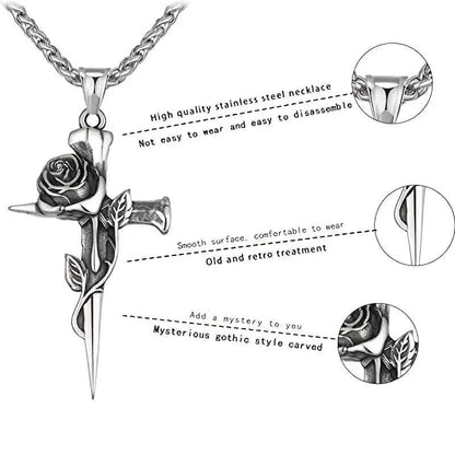 Vintage-Inspired Men's Titanium Steel Pendant Necklace - Unique Keel Chain Design with Cross and Rose Accents - A-1 Thread Vault