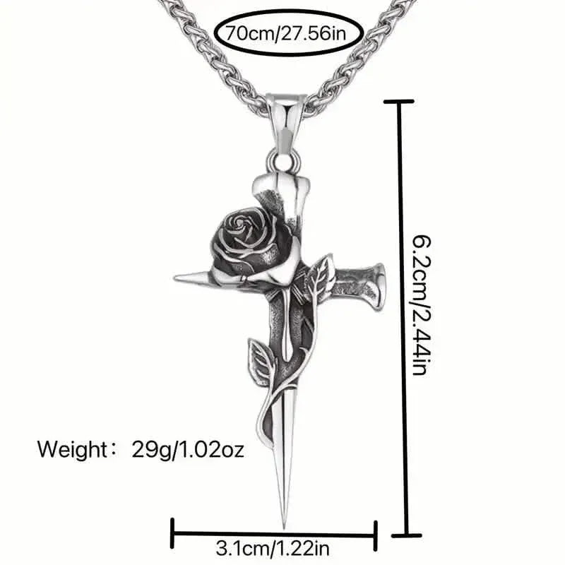 Vintage-Inspired Men's Titanium Steel Pendant Necklace - Unique Keel Chain Design with Cross and Rose Accents - A-1 Thread Vault