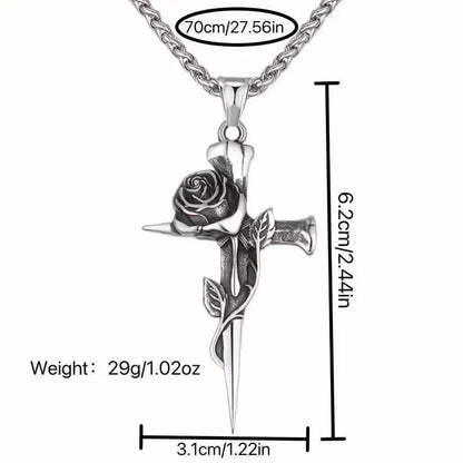 Vintage-Inspired Men's Titanium Steel Pendant Necklace - Unique Keel Chain Design with Cross and Rose Accents - A-1 Thread Vault