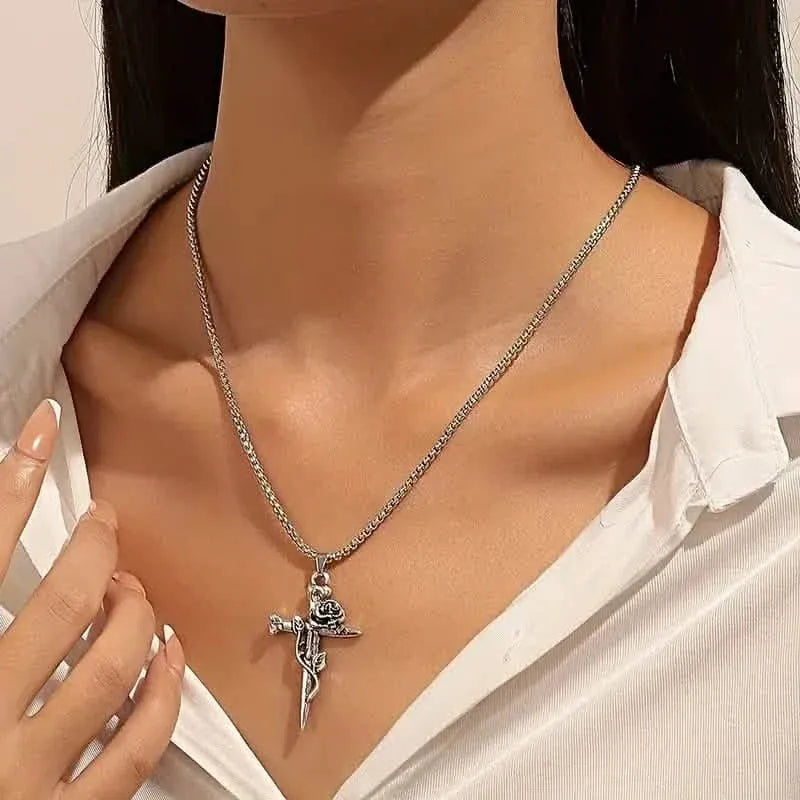 Vintage-Inspired Men's Titanium Steel Pendant Necklace - Unique Keel Chain Design with Cross and Rose Accents - A-1 Thread Vault