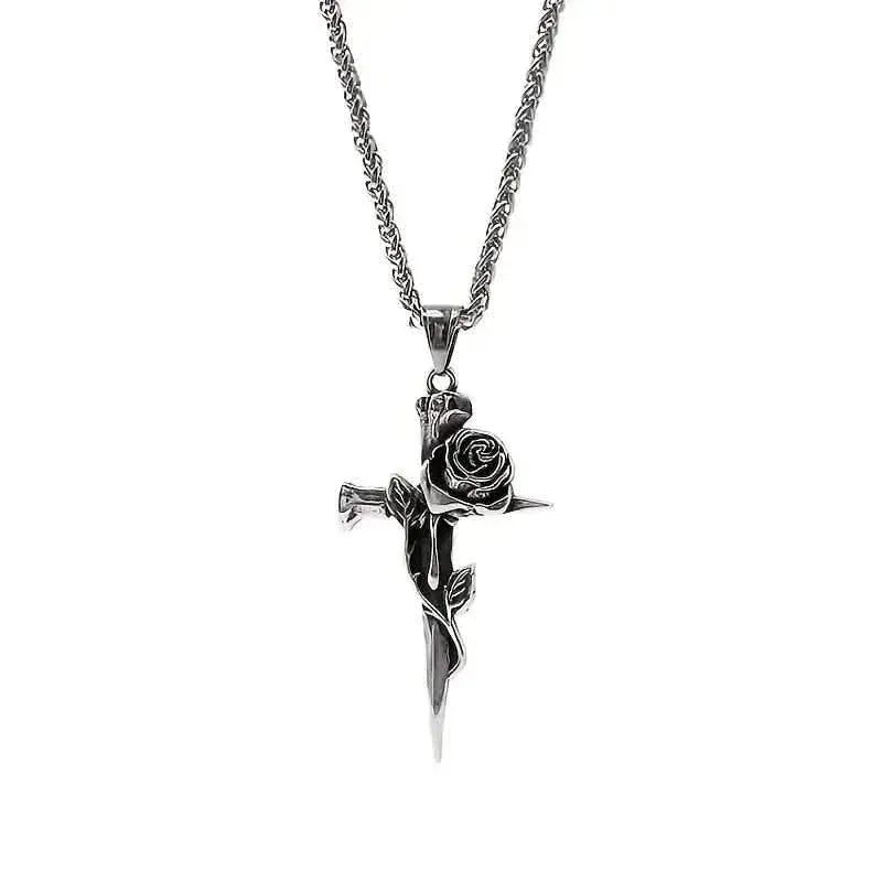 Vintage-Inspired Men's Titanium Steel Pendant Necklace - Unique Keel Chain Design with Cross and Rose Accents - A-1 Thread Vault