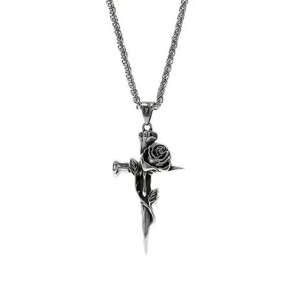 Vintage-Inspired Men's Titanium Steel Pendant Necklace - Unique Keel Chain Design with Cross and Rose Accents - A-1 Thread Vault