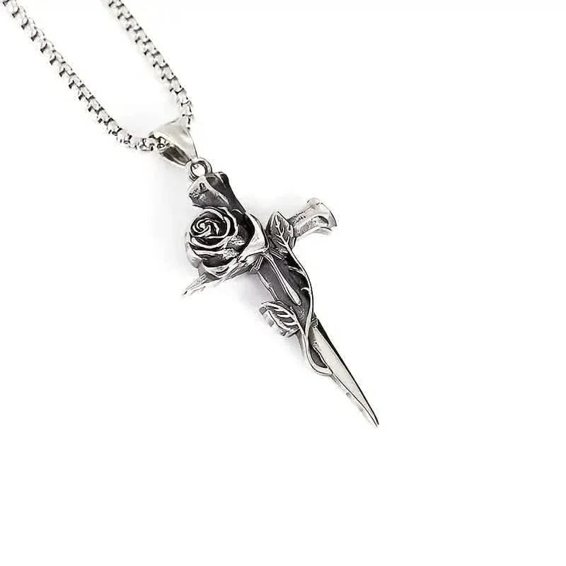Vintage-Inspired Men's Titanium Steel Pendant Necklace - Unique Keel Chain Design with Cross and Rose Accents - A-1 Thread Vault