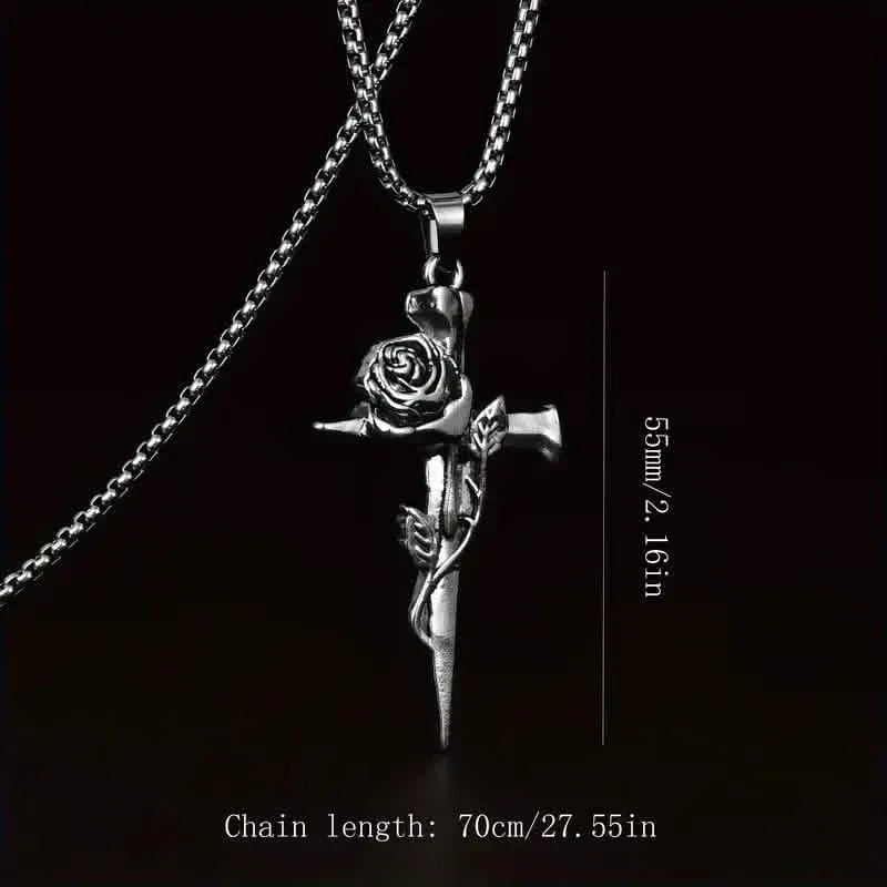 Vintage-Inspired Men's Titanium Steel Pendant Necklace - Unique Keel Chain Design with Cross and Rose Accents - A-1 Thread Vault