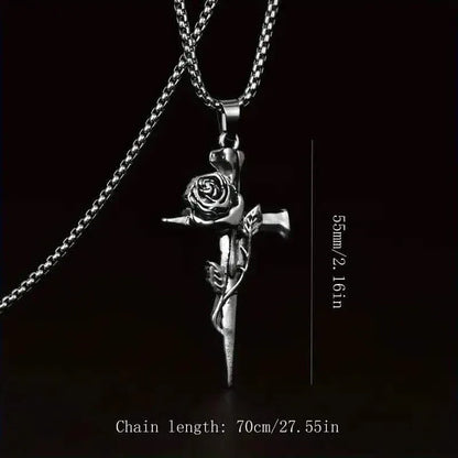 Vintage-Inspired Men's Titanium Steel Pendant Necklace - Unique Keel Chain Design with Cross and Rose Accents - A-1 Thread Vault