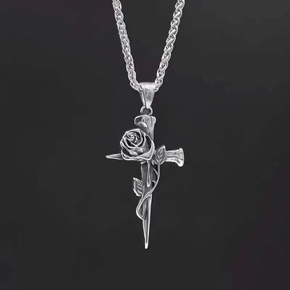 Vintage-Inspired Men's Titanium Steel Pendant Necklace - Unique Keel Chain Design with Cross and Rose Accents - A-1 Thread Vault