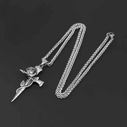 Vintage-Inspired Men's Titanium Steel Pendant Necklace - Unique Keel Chain Design with Cross and Rose Accents - A-1 Thread Vault
