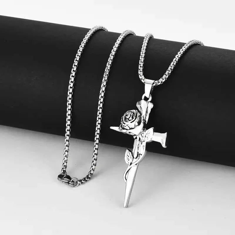 Vintage-Inspired Men's Titanium Steel Pendant Necklace - Unique Keel Chain Design with Cross and Rose Accents - A-1 Thread Vault