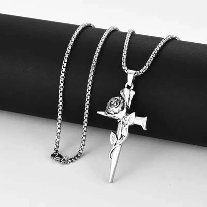 Vintage-Inspired Men's Titanium Steel Pendant Necklace - Unique Keel Chain Design with Cross and Rose Accents - A-1 Thread Vault