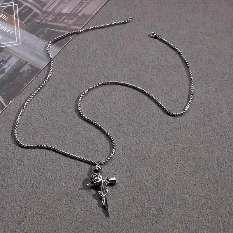Vintage-Inspired Men's Titanium Steel Pendant Necklace - Unique Keel Chain Design with Cross and Rose Accents - A-1 Thread Vault