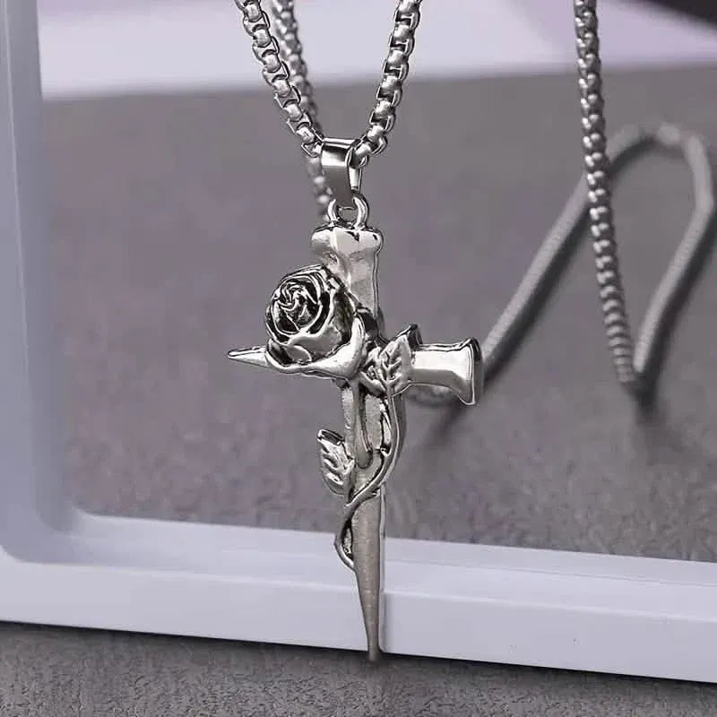 Vintage-Inspired Men's Titanium Steel Pendant Necklace - Unique Keel Chain Design with Cross and Rose Accents - A-1 Thread Vault