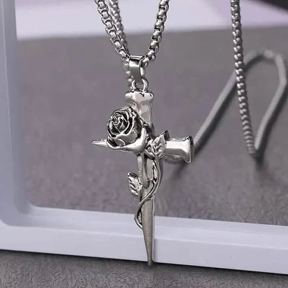 Vintage-Inspired Men's Titanium Steel Pendant Necklace - Unique Keel Chain Design with Cross and Rose Accents - A-1 Thread Vault