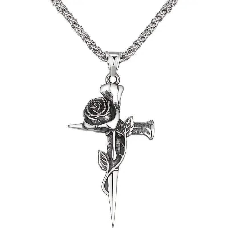 Vintage-Inspired Men's Titanium Steel Pendant Necklace - Unique Keel Chain Design with Cross and Rose Accents - A-1 Thread Vault