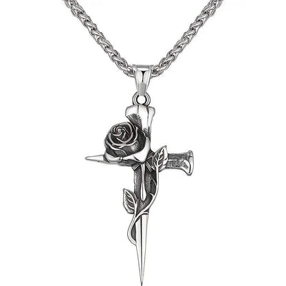 Vintage-Inspired Men's Titanium Steel Pendant Necklace - Unique Keel Chain Design with Cross and Rose Accents - A-1 Thread Vault