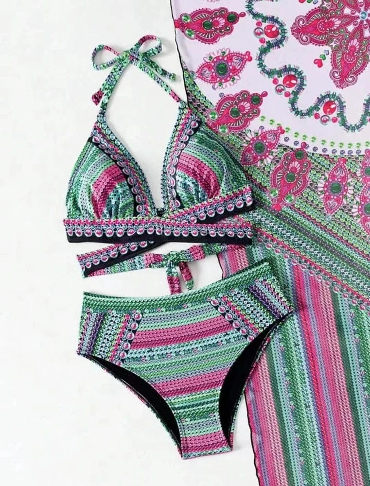 Vintage National Bikini Swimsuit With Mesh Cover Ups Cross Front Halter Bikini 3 Piece Set Blue/Green/Red High Waist Beachwear - A-1 Thread Vault