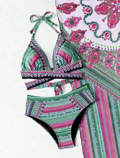 Vintage National Bikini Swimsuit With Mesh Cover Ups Cross Front Halter Bikini 3 Piece Set Blue/Green/Red High Waist Beachwear - A-1 Thread Vault