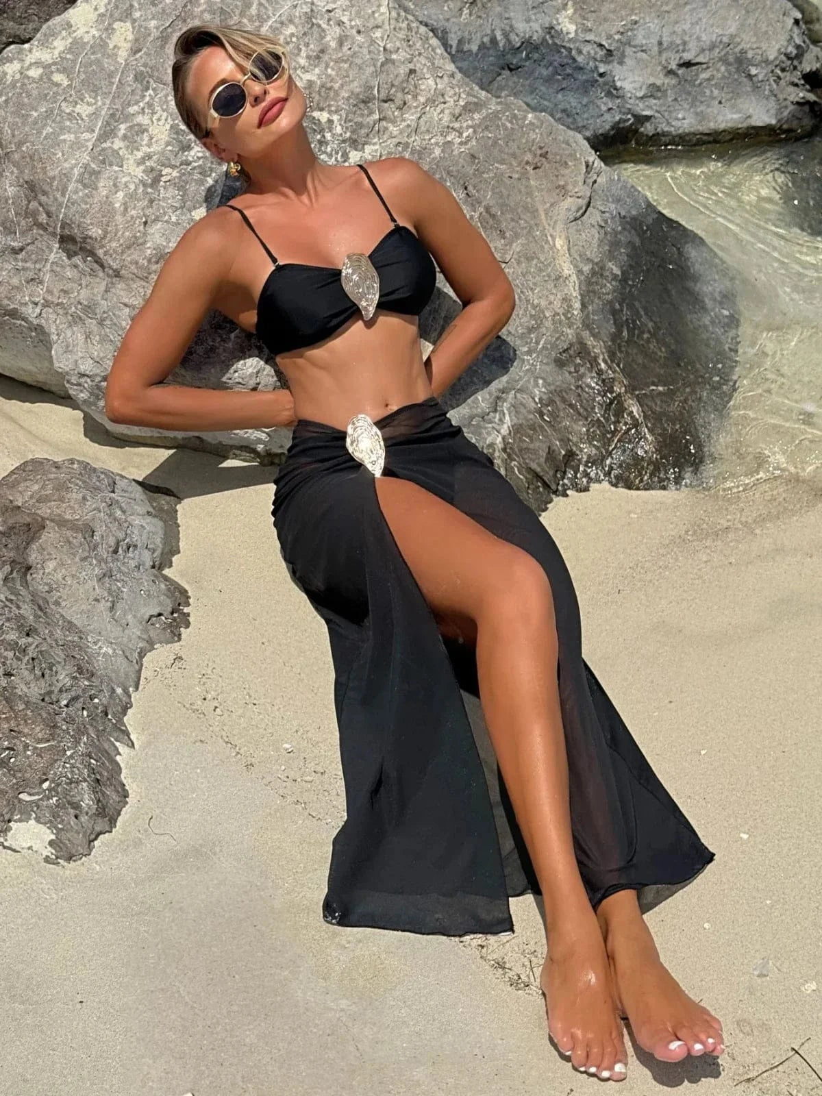 Vintage White Swimsuit Women Metal Oyster Buckle Push Up Mesh Long Skirt 3 Piece Bikini Set 2025 Holiday Bathing Suit Swimwear - A-1 Thread Vault